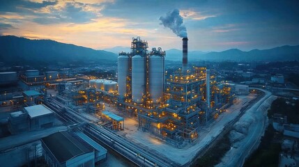 Fototapeta premium Aerial view of illuminated chemical plant at dusk with mountain backdrop