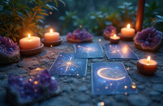 Mystical tarot reading scene with celestial-themed cards. Glowing candles and crystals surround cards on a table. Magic, astrology, fortune telling, divination, esoteric, spiritual, new age themes.