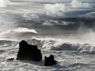 Massive waves crash against black volcanic rocks at Valahnúkamöl, Iceland. The stormy ocean and...