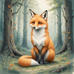 A soft watercolor painting depiction of a fox sitting in a forest.