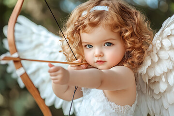 Fototapeta premium Cupid Girl Aiming Bow with Outdoors.