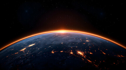 Naklejka premium Earth Sunrise From Space: Orange Glow Over Night City Lights