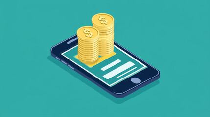 Online currency exchange money transfer, mobile phone application, tiny character stand stack money isolated on white, flat vector illustration. Modern bank system, internet finance transmission.