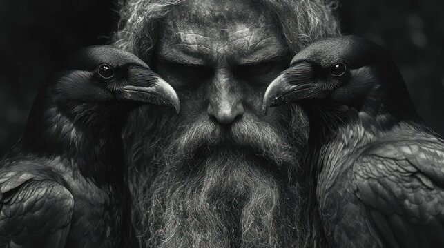 Bearded man with ravens, dark forest background, mythology concept