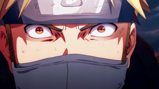 Intense anime warrior man with determined eyes wearing a headband and mask. Concept of courage, battle readiness, hero, fighting spirit, animated character, action scene
