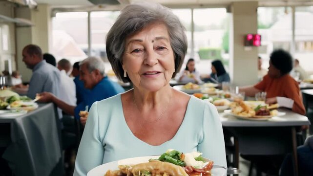 Elderly homeless woman enjoying meal in shelter dining hall, surrounded by bustling activity. Concept of kindness, social support, charity assistance, human connection, community care, refuge services