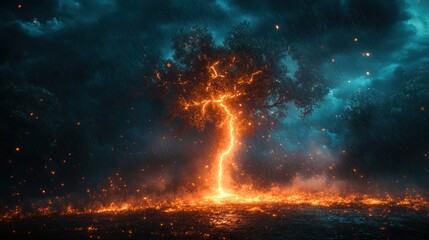 Burning tree struck by lightning in stormy forest fire
