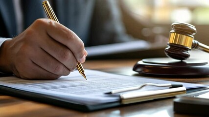 Lawyer reviews legal documents with a gavel and pen on a wooden desk in a professional office environment