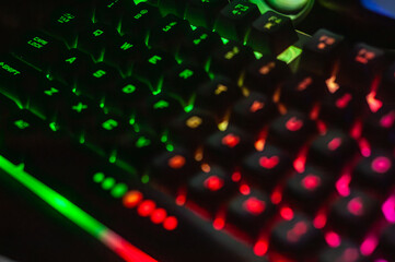 Vibrant RGB gaming keyboard, blurred for a dynamic feel. Perfect for tech, gaming, and design...