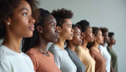 Obraz premium Group diverse women in a line, representing unity. They are all wearing casual clothes, neutral expressions, side view. Portrait of different ethnicity, race, age, generation. Inclusion, equality.