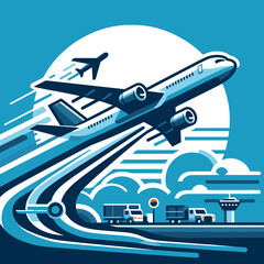 Dynamic airplane taking off with ground vehicles on a bright blue background

