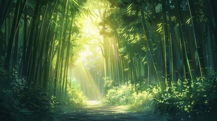 A tranquil bamboo forest with tall green stalks filtering soft sunlight through the canopy 