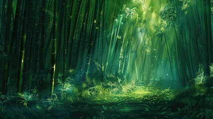 Obraz premium A tranquil bamboo forest with tall green stalks filtering soft sunlight through the canopy 