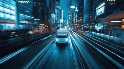 Express delivery truck speeds through futuristic cityscape at night generating motion blur