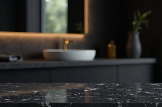 Empty marble table top on blurred minimalistic luxury bathroom at apartment, dark black and gray colors. Place for product display, showing products, side view