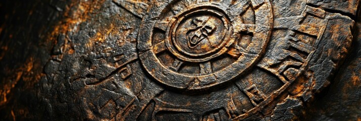Obraz premium Ancient stone carving with intricate symbols detail.