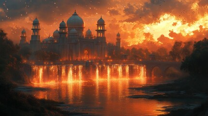 Fototapeta premium Burning Palace Bridge at Sunset Fire, Water Reflections