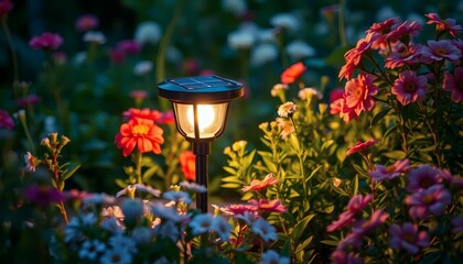 Solar Garden Light Illuminates Colorful Flowers at Sunset
