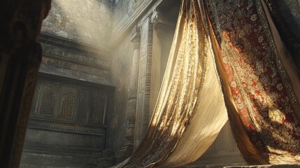 Mysterious ancient temple with torn veil and sunlight shadows