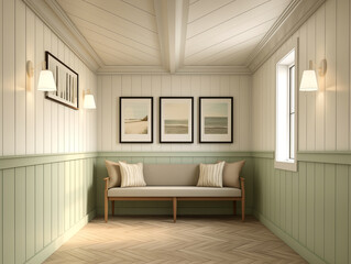 Fototapeta premium Modern hallway with wainscotting wall panelling in neutral and light sage. Hall with wood panels, minimalist natural wood furniture and artwork on the wall.