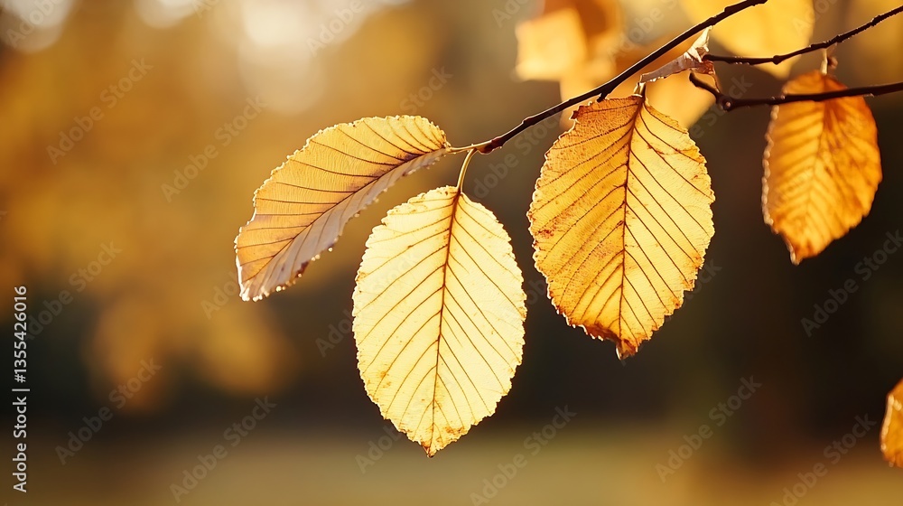 Aufkleber close up of golden autumn leaves with sunlight filtering through creating a warm glowing effect : ge
