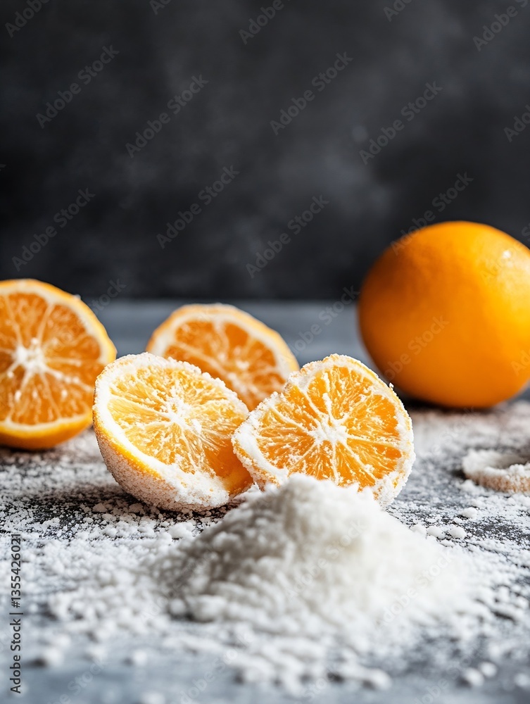 Poster beautifully sliced oranges and whole orange with sugar spread artistically on a dark background : ge