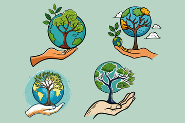 Set of Hand drawing holding tree earth sketch Vector design on isolated background.