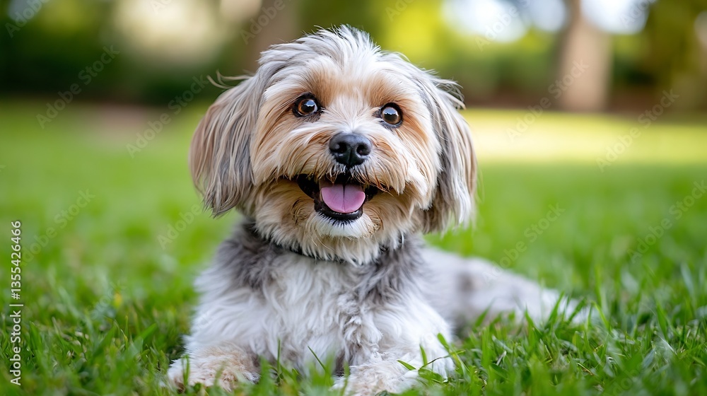 Poster adorable small dog with fluffy fur lounging happily in green grass on a sunny day : generative ai