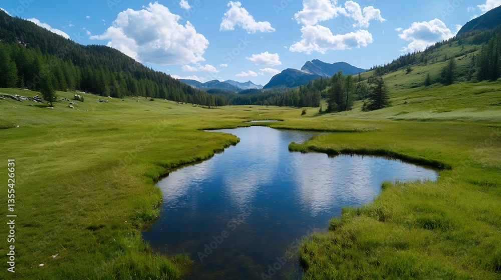 Poster scenic view of a tranquil river flowing through lush greenery and mountains under a bright blue sky 