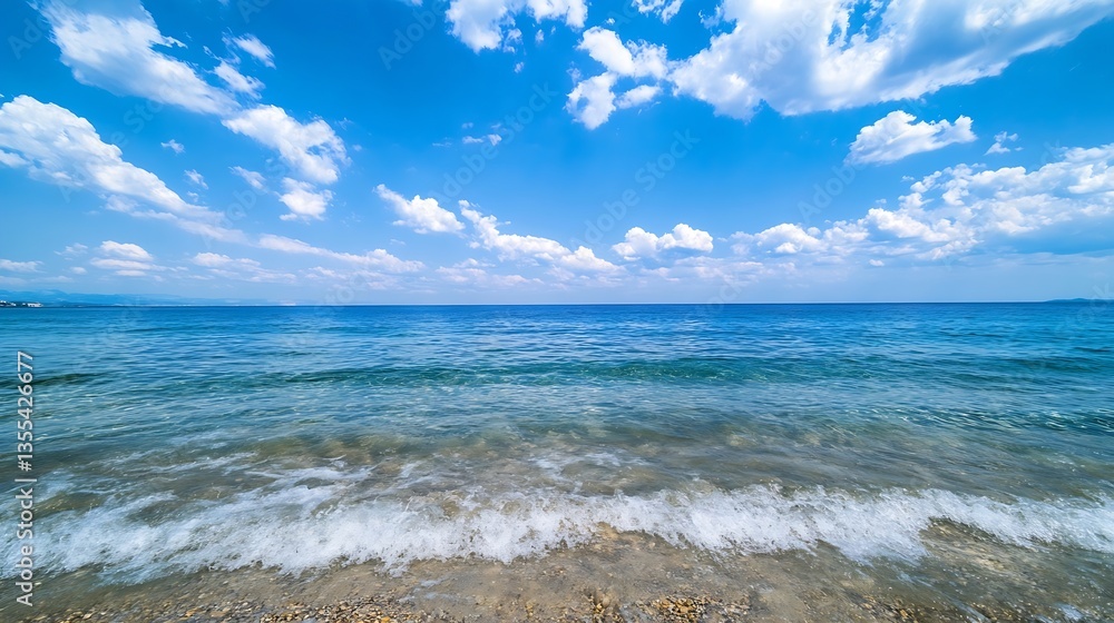 Poster Serene ocean view with tranquil waves under a clear blue sky filled with beautiful clouds : Generative AI