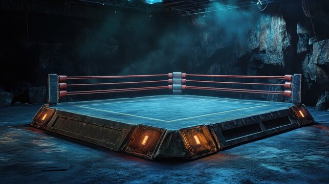 Futuristic Underground Boxing Ring in Rocky Cave.
