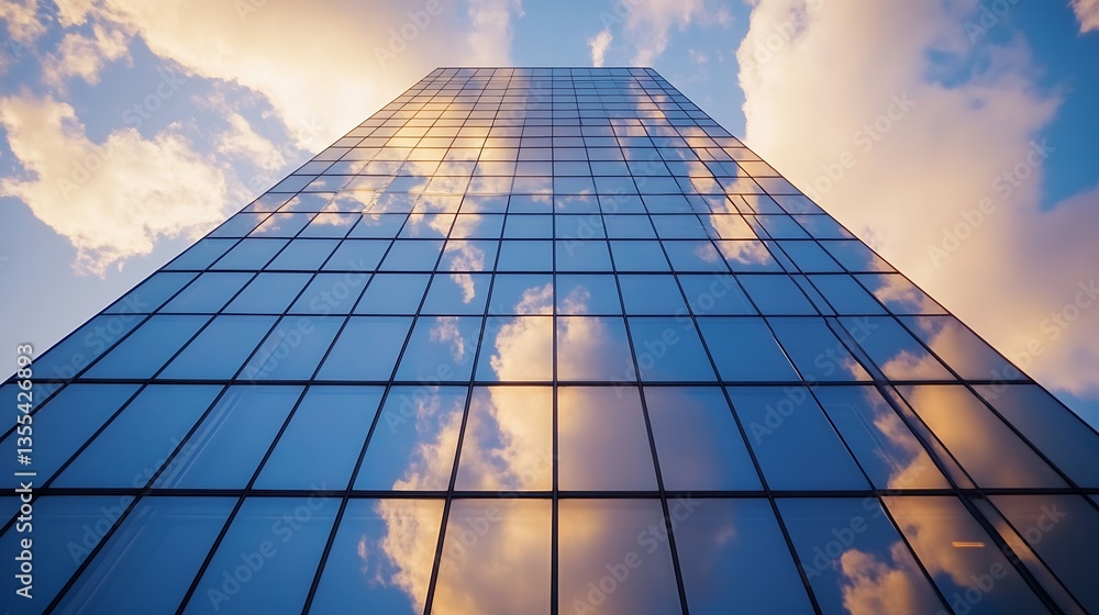 Poster impressive reflection of clouds and sky on a modern glass building showcasing contemporary architect