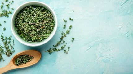 tea green thyme wooden spoon porcelain white blue background