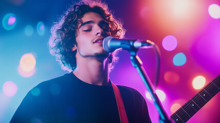 Stylish young man with curly hair posing as rock singer with guitar and microphone, isolated studio shot rock musician photoshoot, male model music theme, studio music session, roc