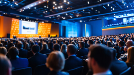 Large group of people attending a business conference in a bright modern hall, speaker presenting at the front, professional audience focused on screen presentation business confer