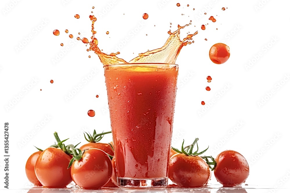 Poster glass filled with fresh tomato juice splashing, surrounded by vibrant ripe tomatoes on a white backg