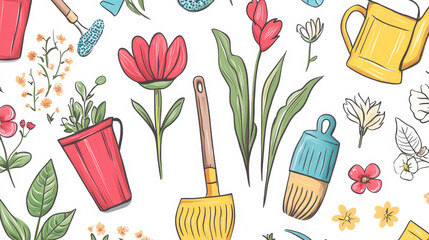 Spring natural floral symbols with blossom gardening tools beauty design and nature grass season branch springtime hand drawn elements vector illustration.