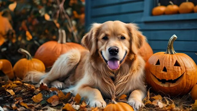 Golden retriever lying down near carved pumpkins in autumn leaves