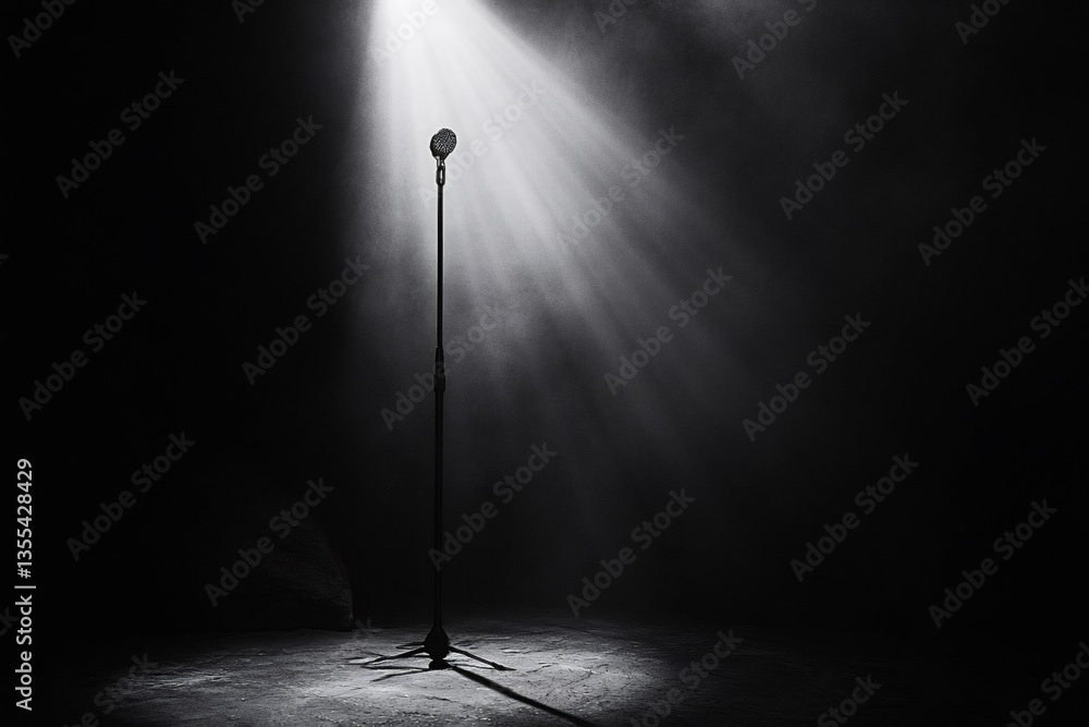 Poster single microphone standing on stage, illuminated by a spotlight in a dark, empty theater, creating a
