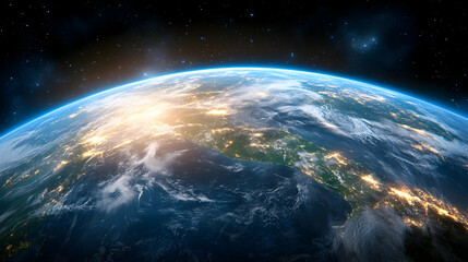Earth sunrise space view, city lights, global perspective, environmental awareness