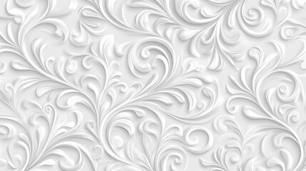 Elegant White 3D Floral Swirls Seamless Pattern Background.