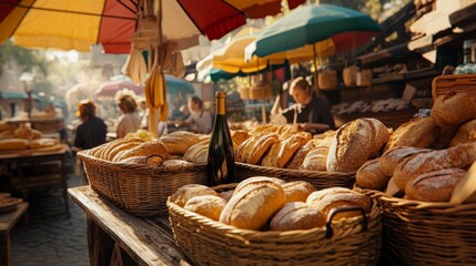 Bustling farmers market scene with fresh bread loaves and wine