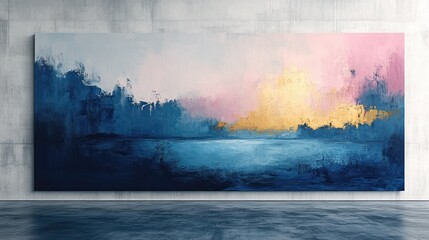 Abstract landscape painting in modern gallery, concrete wall