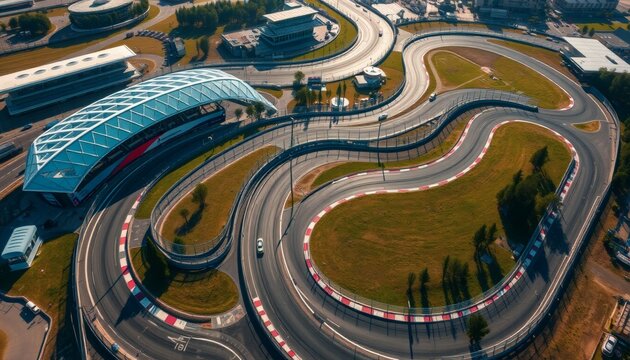 Aerial View of Modern Race Track Circuit with Dramatic Curves and Speed - Powered by Adobe