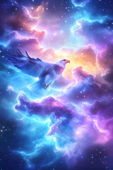Fototapeta premium Eagle soaring cosmic nebula, vibrant colors, fantasy art, phone wallpaper