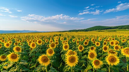 Naklejka premium Bright yellow sunflowers stretching endlessly under a blue sky, full of warmth and energy 