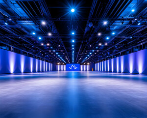 Empty event hall, blue lighting, stage, conference