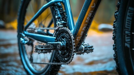 Close-up of mountain bike drivetrain, showing chain, crankset, and pedals.