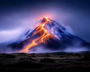 Fototapeta premium Erupting volcano at night, fiery lava flows down slopes, dramatic cloudscape. Landscapes
