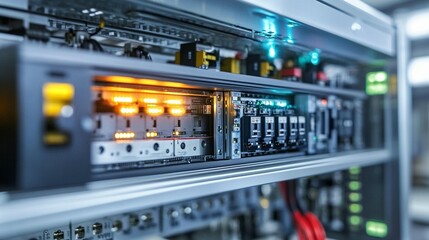 Close-up of server rack with illuminated components, showcasing technological infrastructure.
